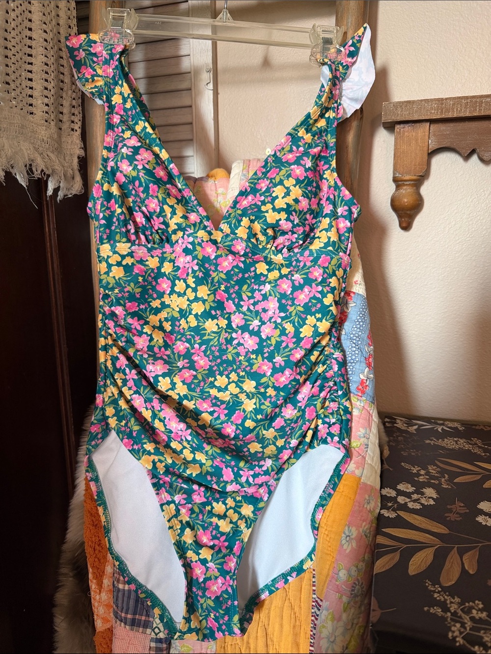 Kona Sol Green Floral One-Piece Swimsuit with Pink & Yellow Flowers